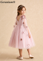 Geranium Enchanting Dusty Pink 3D Floral Flower Girl Dress with Ethereal Tulle Cape Sleeves KD-198