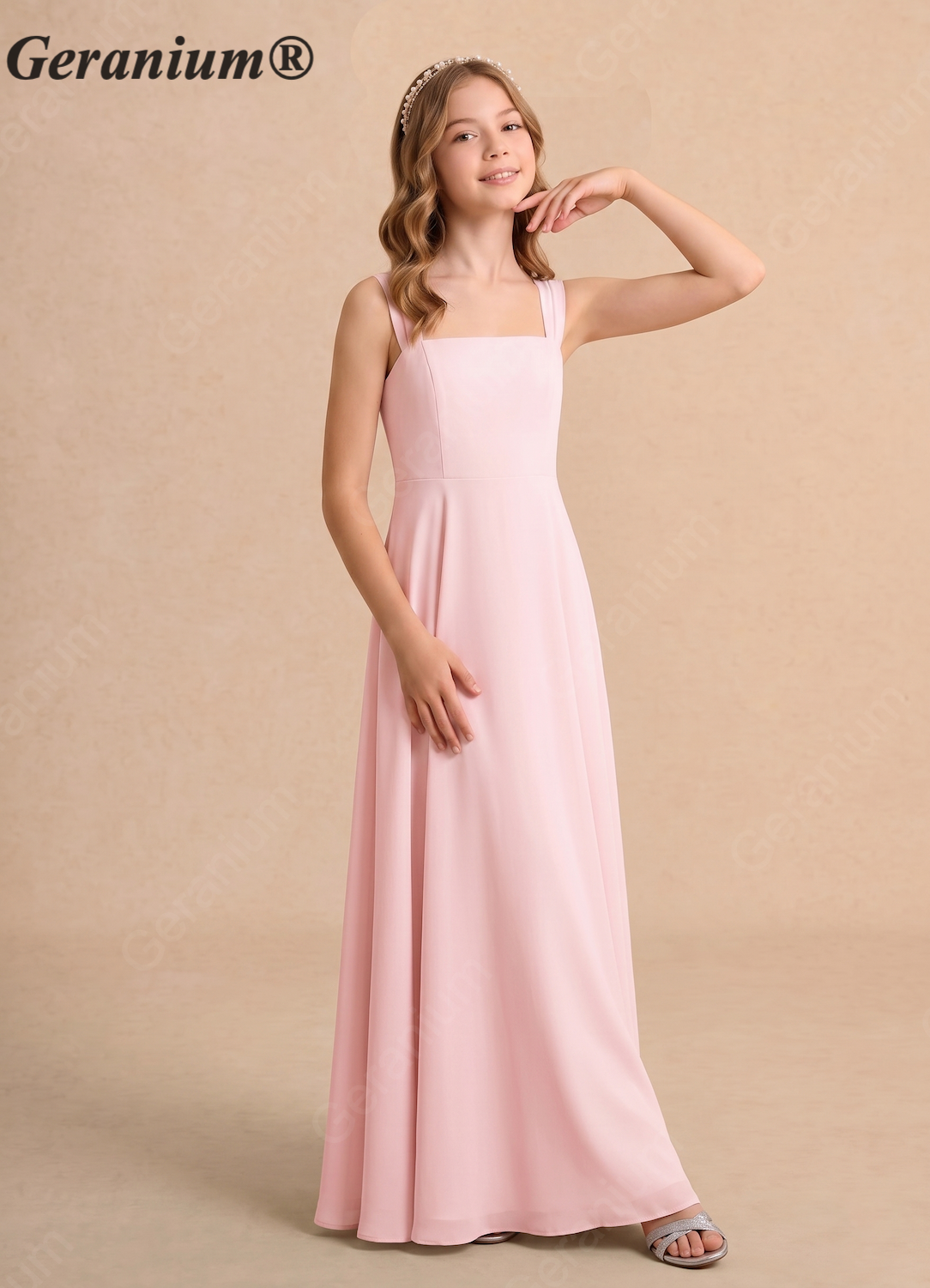 Geranium Elegant Square Neck Chiffon Junior Bridesmaid Dress with Bow Back KD-173