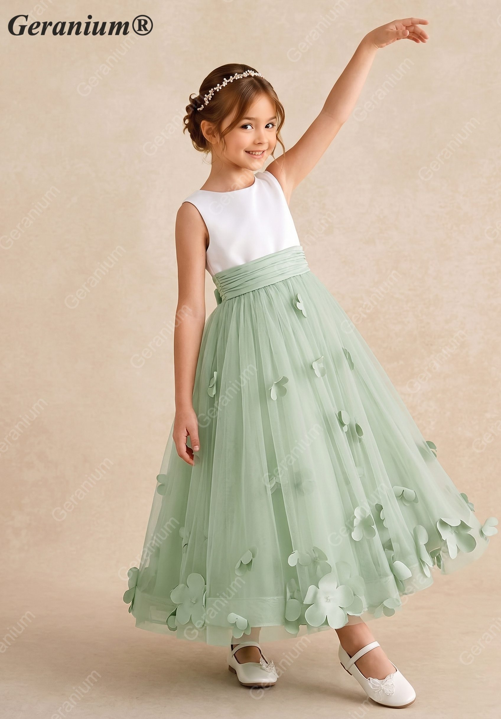 Geranium Two-Tone White & Sage Green Flower Girl Dress with 3D Floral Appliqués - Backless Princess Tulle Gown KD-187