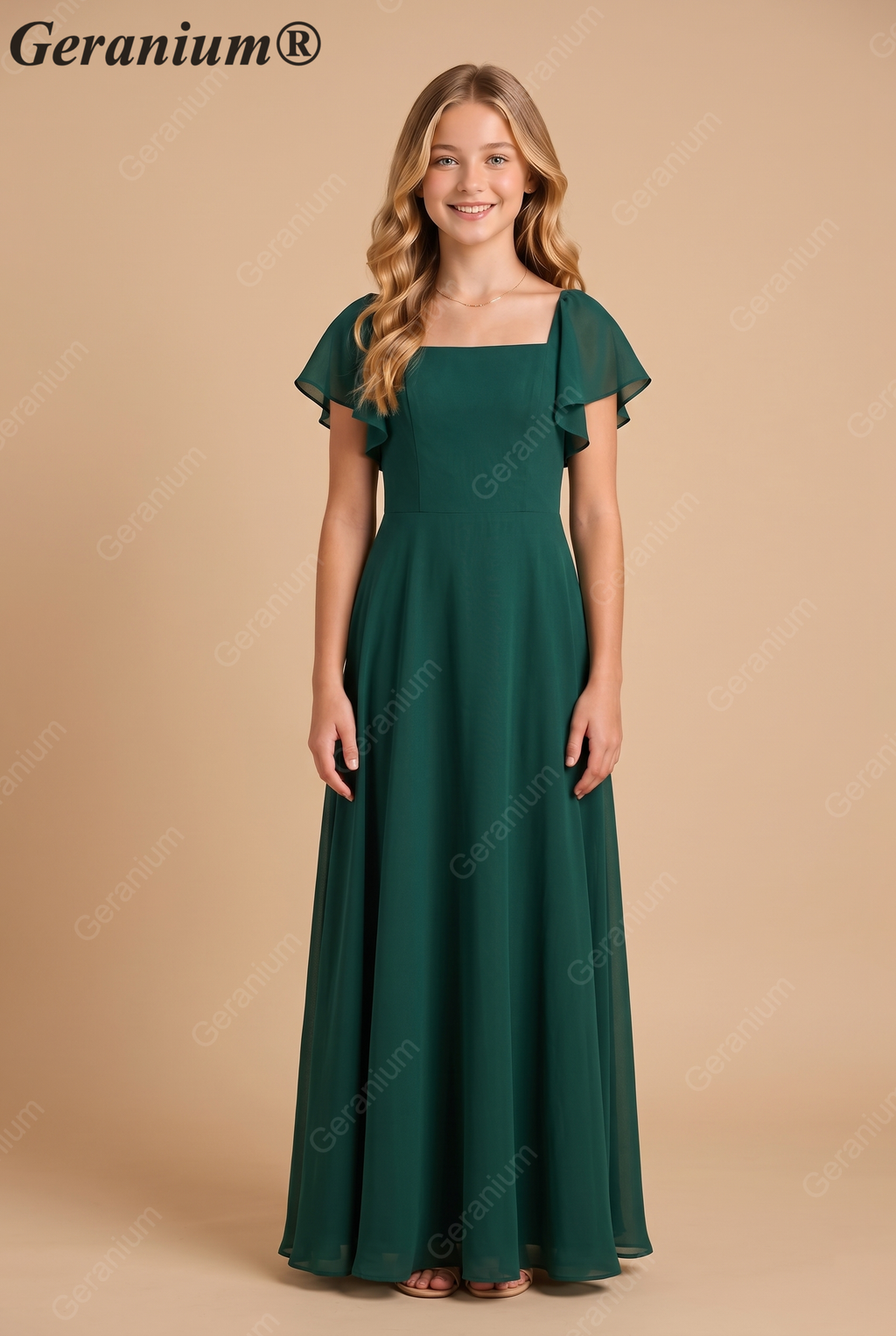 Geranium Elegant Chiffon Square Neck Junior Bridesmaid Dress with Flutter Sleeves & Slit KD-308