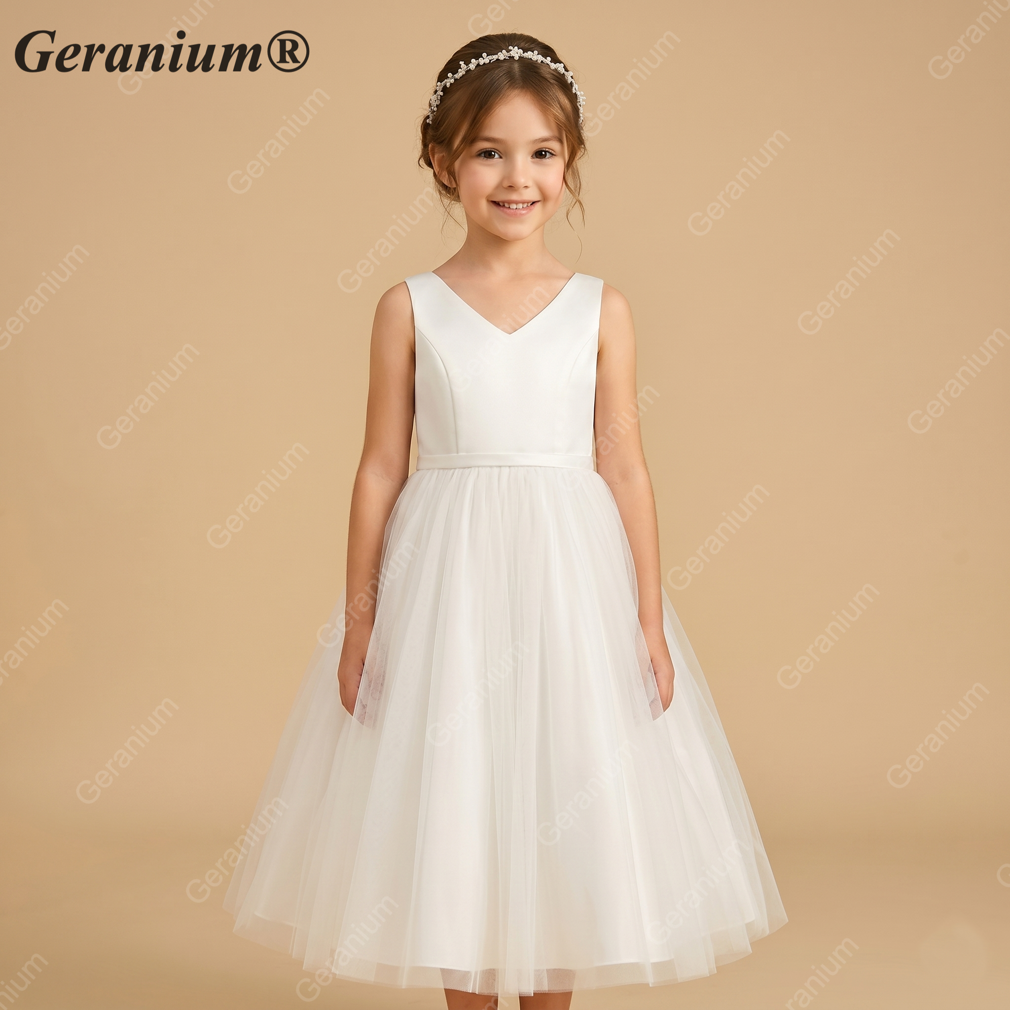Geranium Simple V-Neck Satin & Tulle Flower Girl Dress - Elegant A-Line Ball Gown with Oversized Back Bow KD-199 Secondary image
