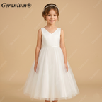 Geranium Simple V-Neck Satin & Tulle Flower Girl Dress - Elegant A-Line Ball Gown with Oversized Back Bow KD-199