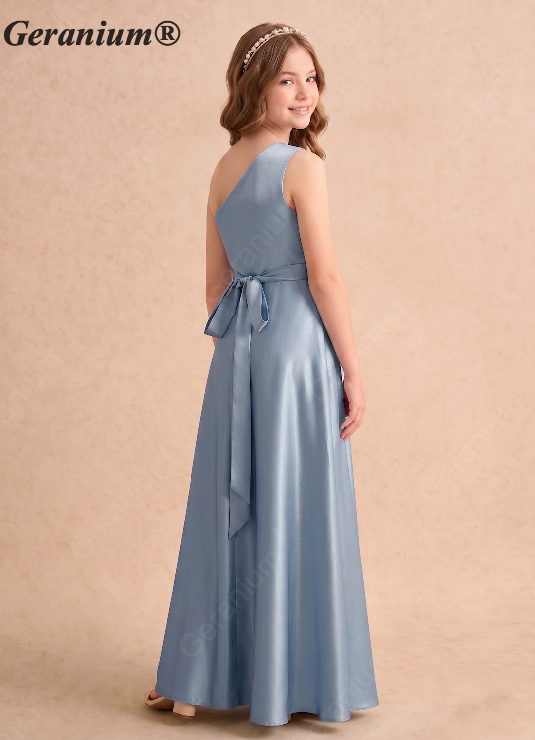 Geranium One Shoulder Satin Bridesmaid Dress with Side Drape & Waist Tie – Floor Length A-Line Formal Gown KD-160