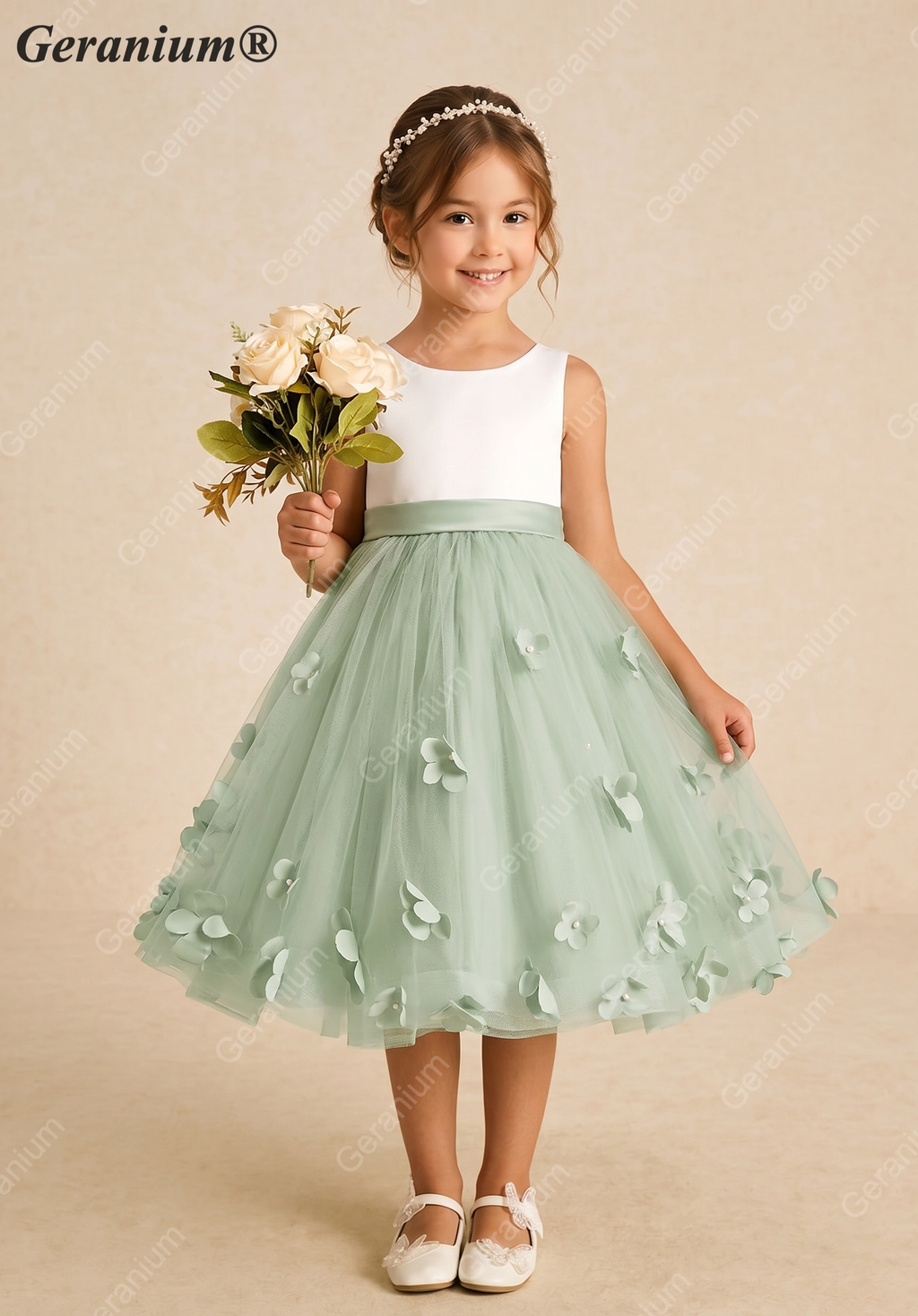 Geranium Sage Green 3D Floral Applique Flower Girl Dress - Satin & Tulle Tulle Princess Party Gown with Bow KD-192