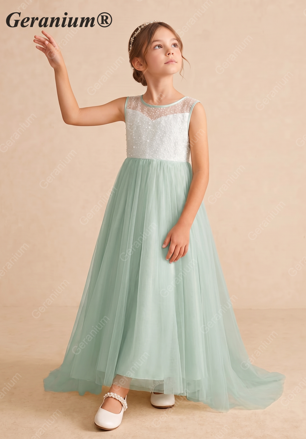Geranium Enchanting Sage Green Sequin Tulle Flower Girl Dress - Elegant Floor-Length Formal Gown for Weddings & Parties KD-238