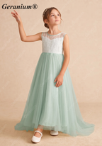 Geranium Enchanting Sage Green Sequin Tulle Flower Girl Dress - Elegant Floor-Length Formal Gown for Weddings & Parties KD-238