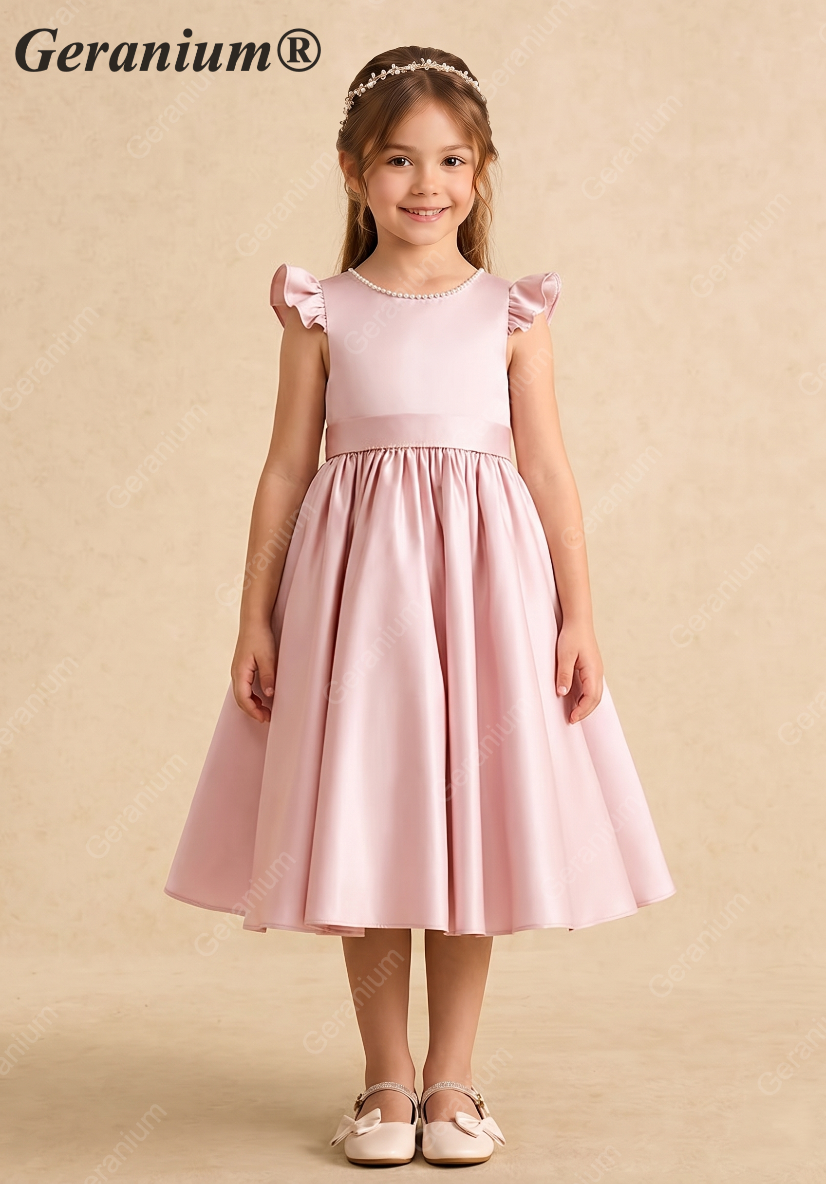 Geranium Elegant Pearl Back Satin Flower Girl Dress with Oversized Bow - Flutter Sleeve Princess Gown KD-229 Main image