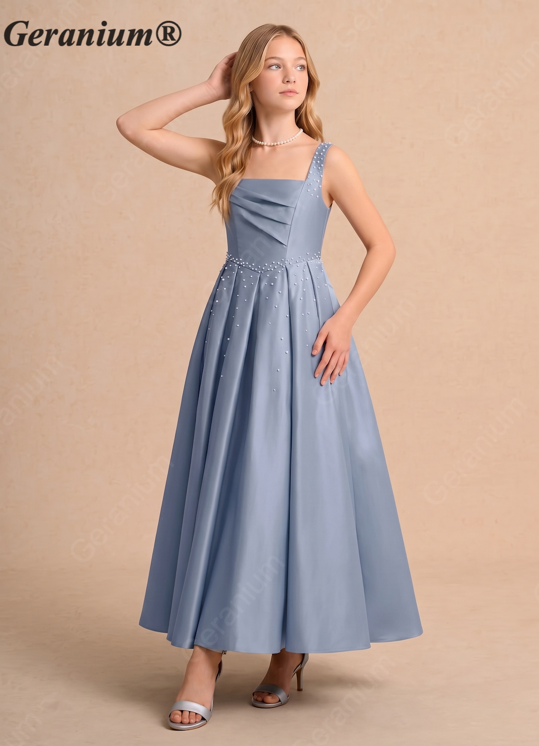 Geranium Elegant Dusty Blue Satin Flower Girl Dress - Pearl Beaded Junior Bridesmaid Gown KD-299