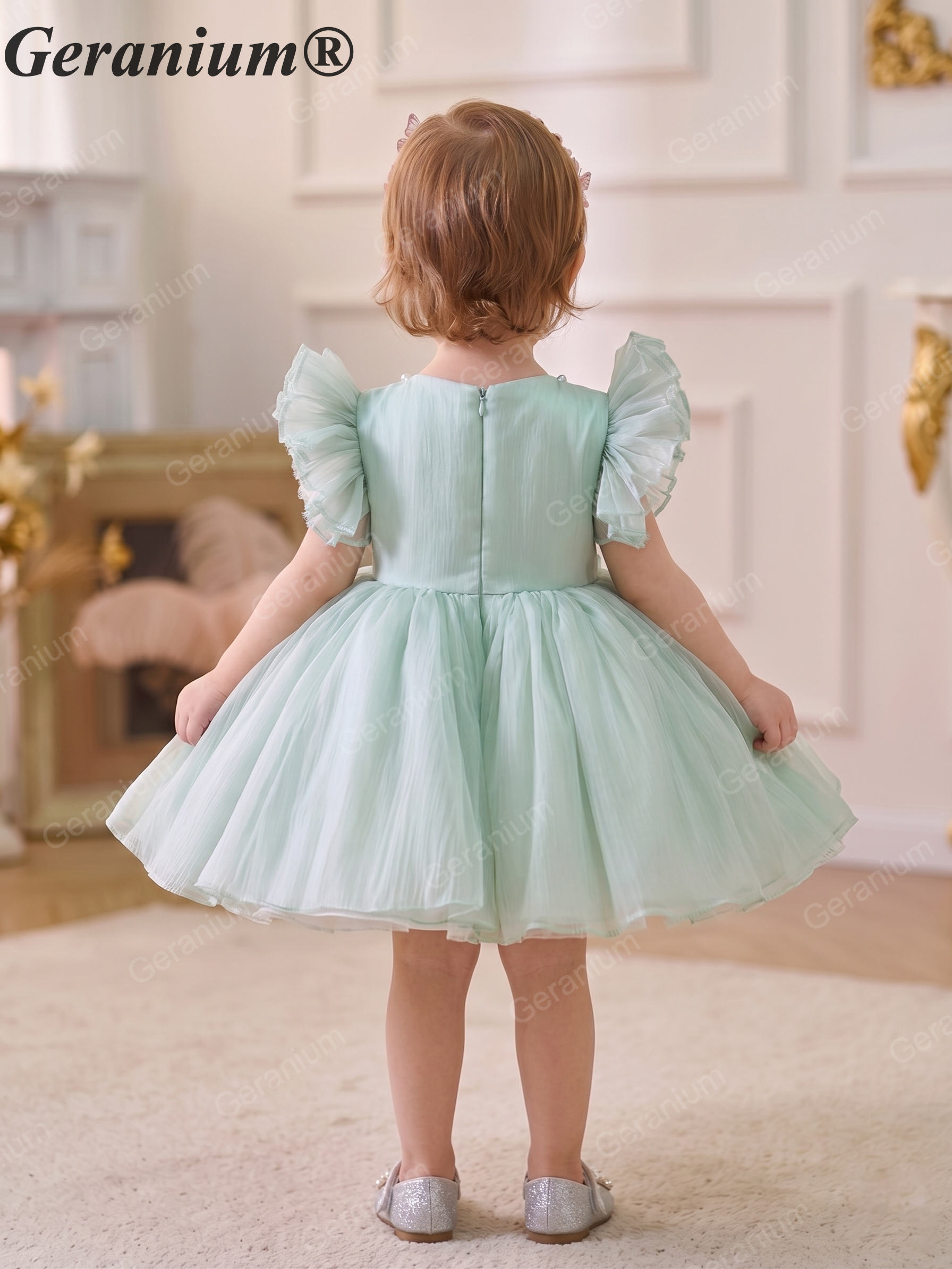 Geranium Toddler Girl Tulle Party Dress with Pearl Neckline and Ruffled Cap Sleeves - Perfect for Birthdays, Flower Girls, Formal Events KD-371
