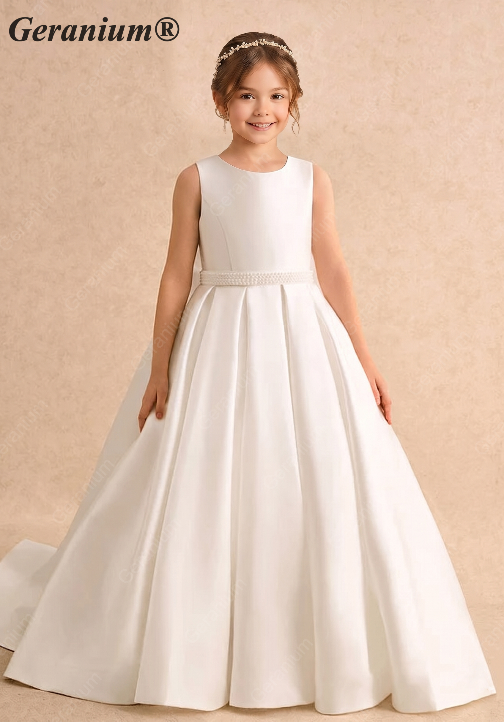 Gearanium Elegant Pearl Belt Satin Flower Girl Dress with Oversized Back Bow - Sleeveless A-Line Communion Gown KD-290 Secondary image