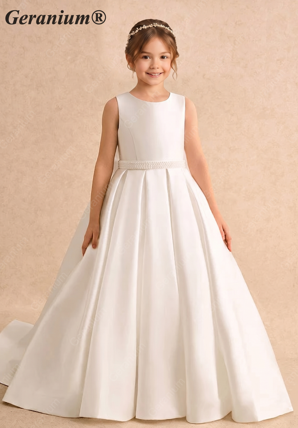 Gearanium Elegant Pearl Belt Satin Flower Girl Dress with Oversized Back Bow - Sleeveless A-Line Communion Gown KD-290