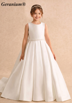 Gearanium Elegant Pearl Belt Satin Flower Girl Dress with Oversized Back Bow - Sleeveless A-Line Communion Gown KD-290
