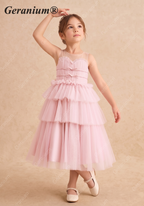 Geranium Girls' Pink Pleated Tulle Party Gown - Elegant Tiered Princess Dress for Weddings & Birthdays KD-243