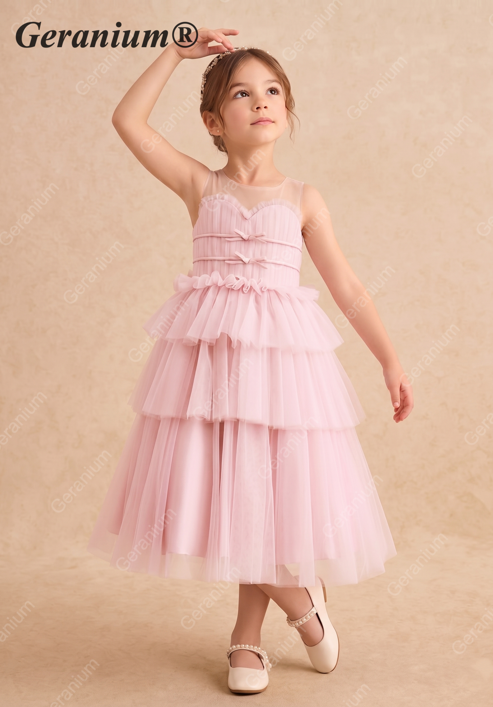 Geranium Girls' Pink Pleated Tulle Party Gown - Elegant Tiered Princess Dress for Weddings & Birthdays KD-243