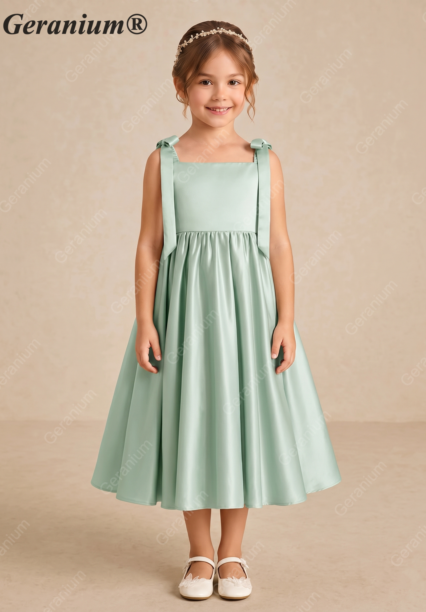 Gearanium Girls Sage Green Satin Flower Girl Dress - Tie-Shoulder A-Line Party Gown KD-288