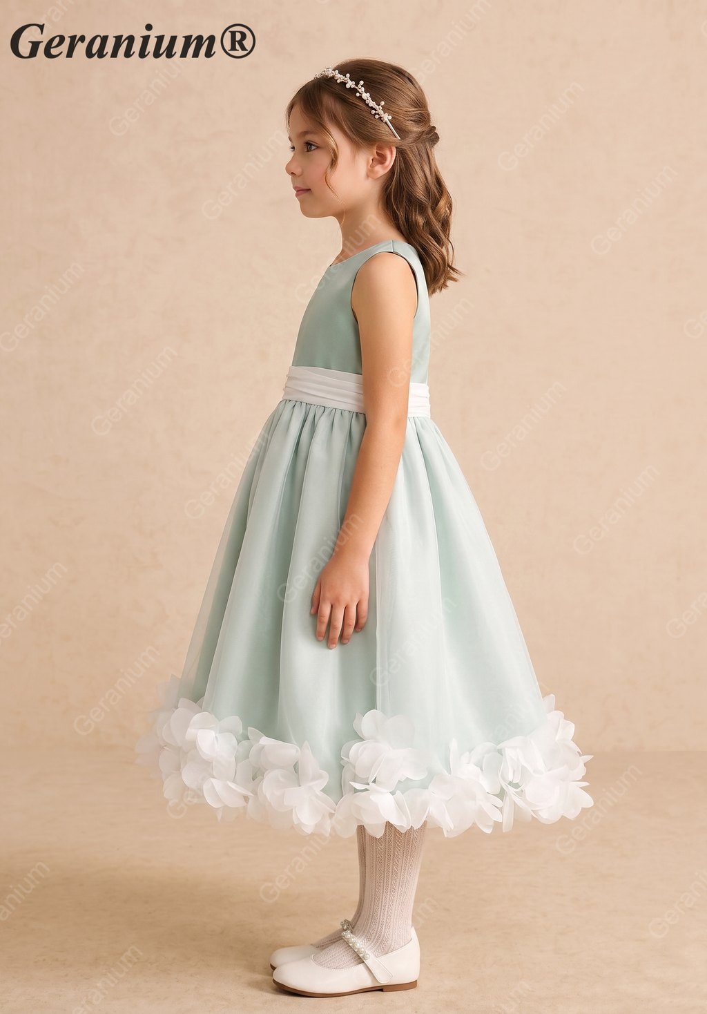 Geranium Elegant Sage Green Satin Flower Girl Dress with Tulle Overlay and Pétal Hem KD-268