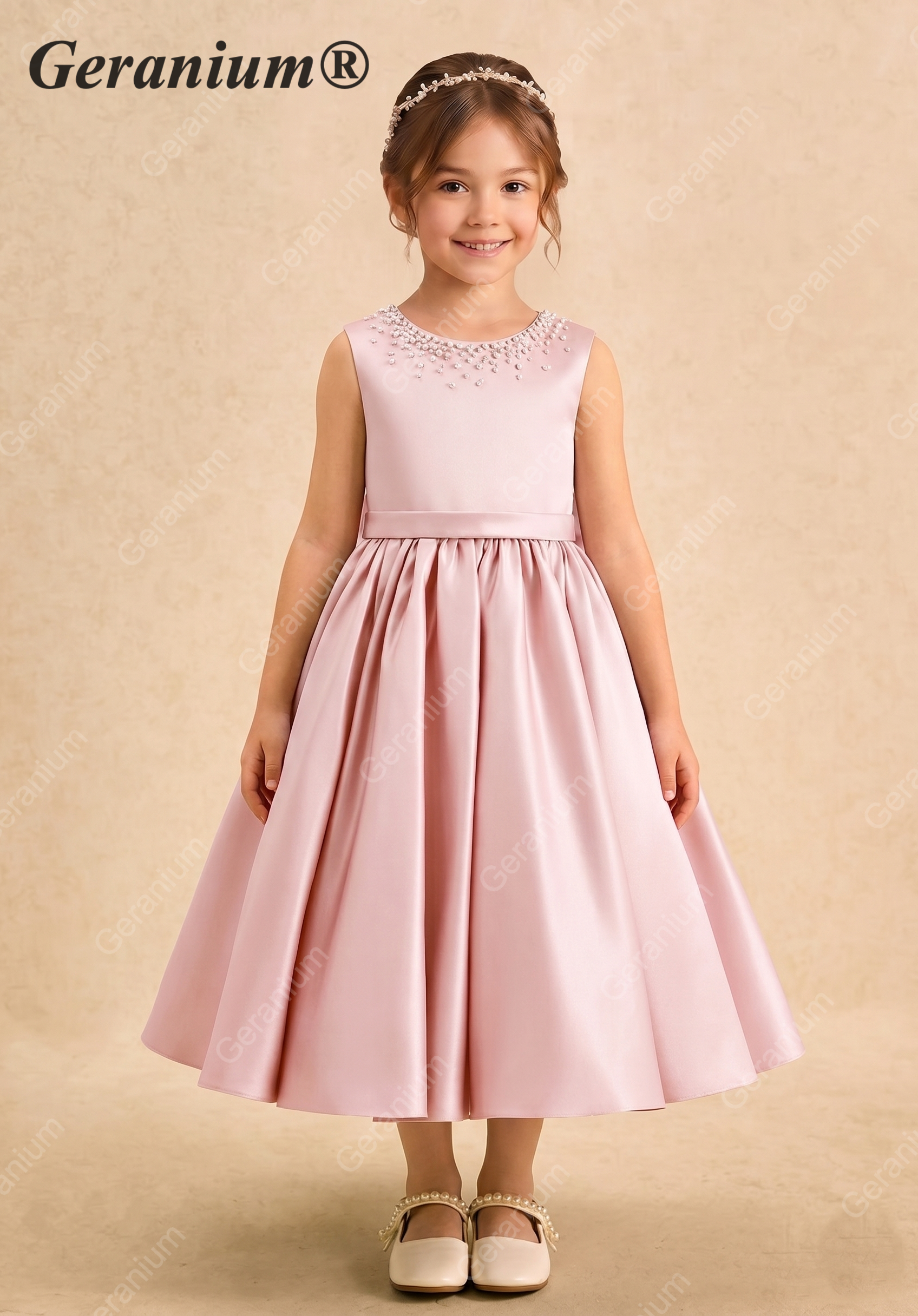 Geranium Elegant Pink Satin Flower Girl Dress with Pearl Neckline & Oversized Back Bow - Sleeveless A-Line Princess Gown KD-246 Main image