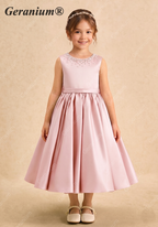 Geranium Elegant Pink Satin Flower Girl Dress with Pearl Neckline & Oversized Back Bow - Sleeveless A-Line Princess Gown KD-246
