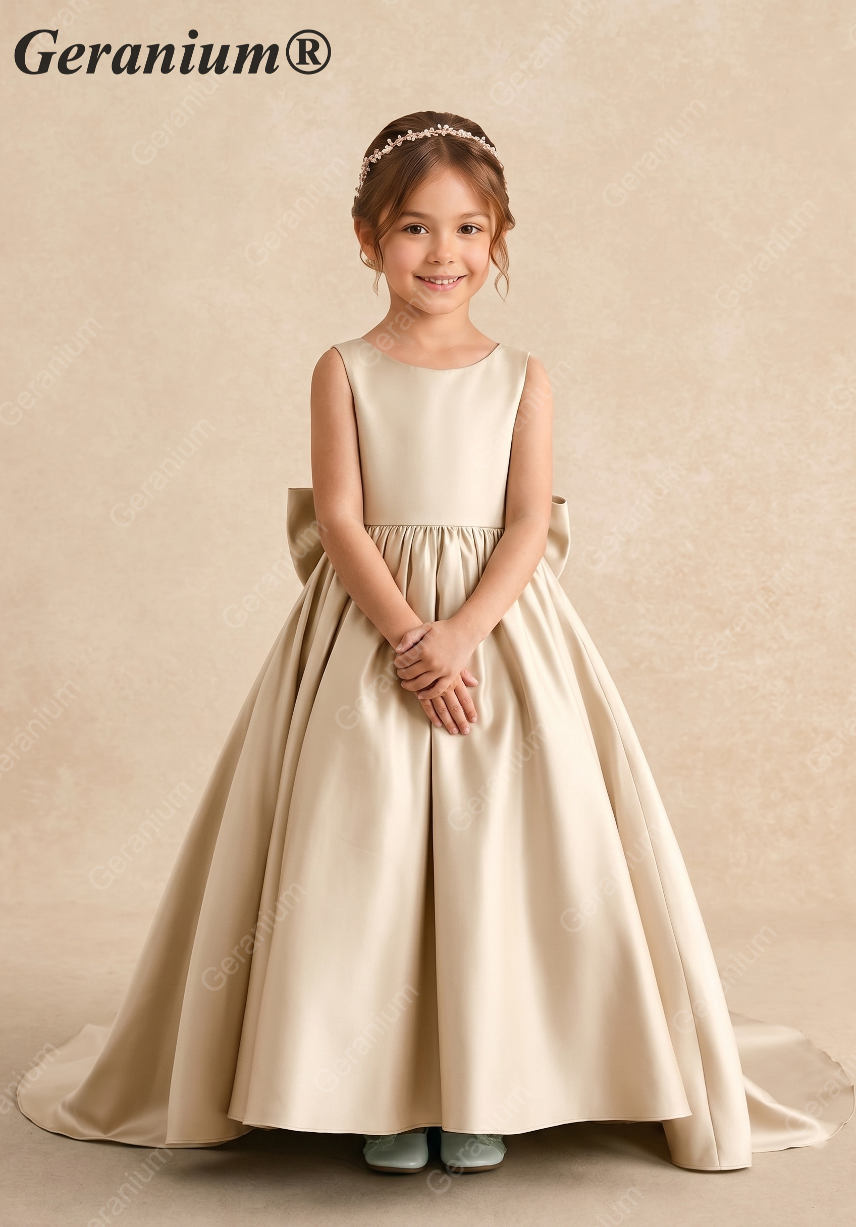 Geranium Champagne Satin Flower Girl Dress with Oversized Bow & Sweep Train – KD-181 Image principale du produit