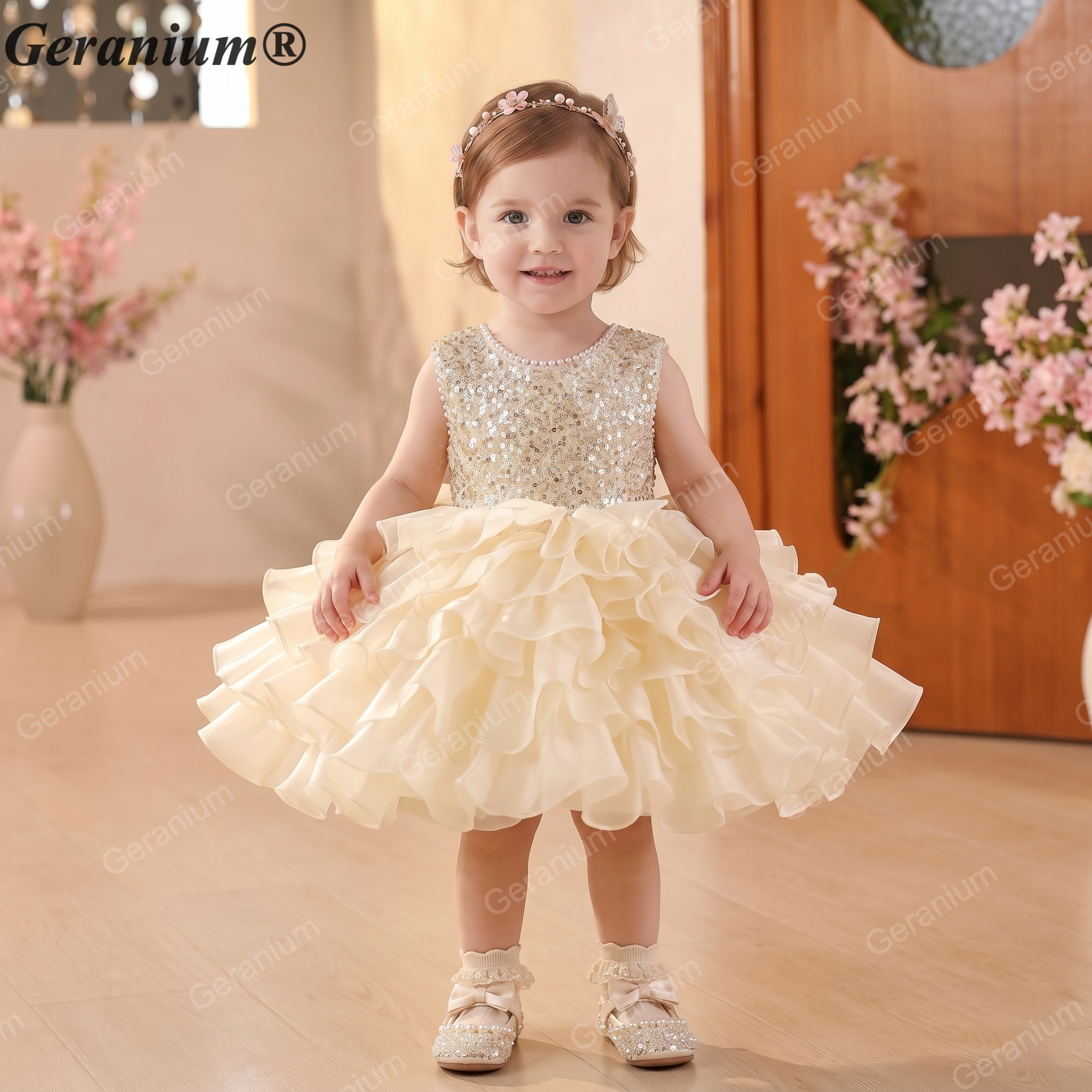 Geranium Sparkling Sequin Flower Girl Dress with Oversized Back Bow - Tiered Ruffle Tutu Princess Gown for Weddings & Birthdays KD-373 Main image
