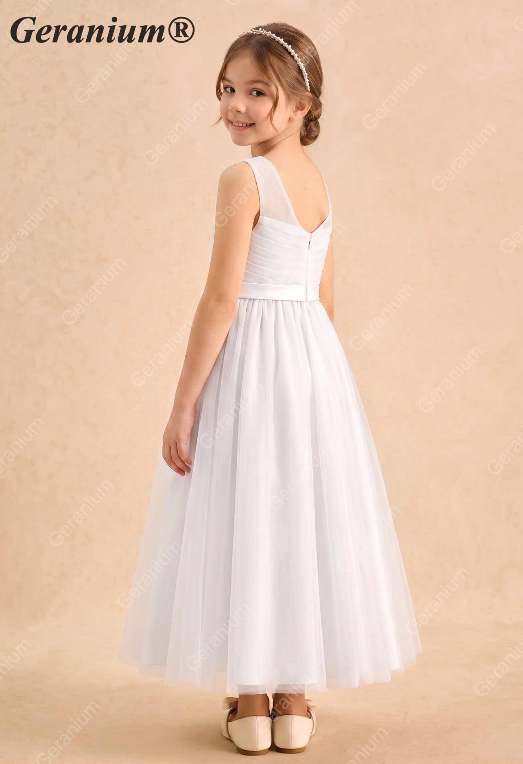 Geranium V-Neck Ruched Tulle A-Line Flower Girl Dress – KD-225 Secondary image