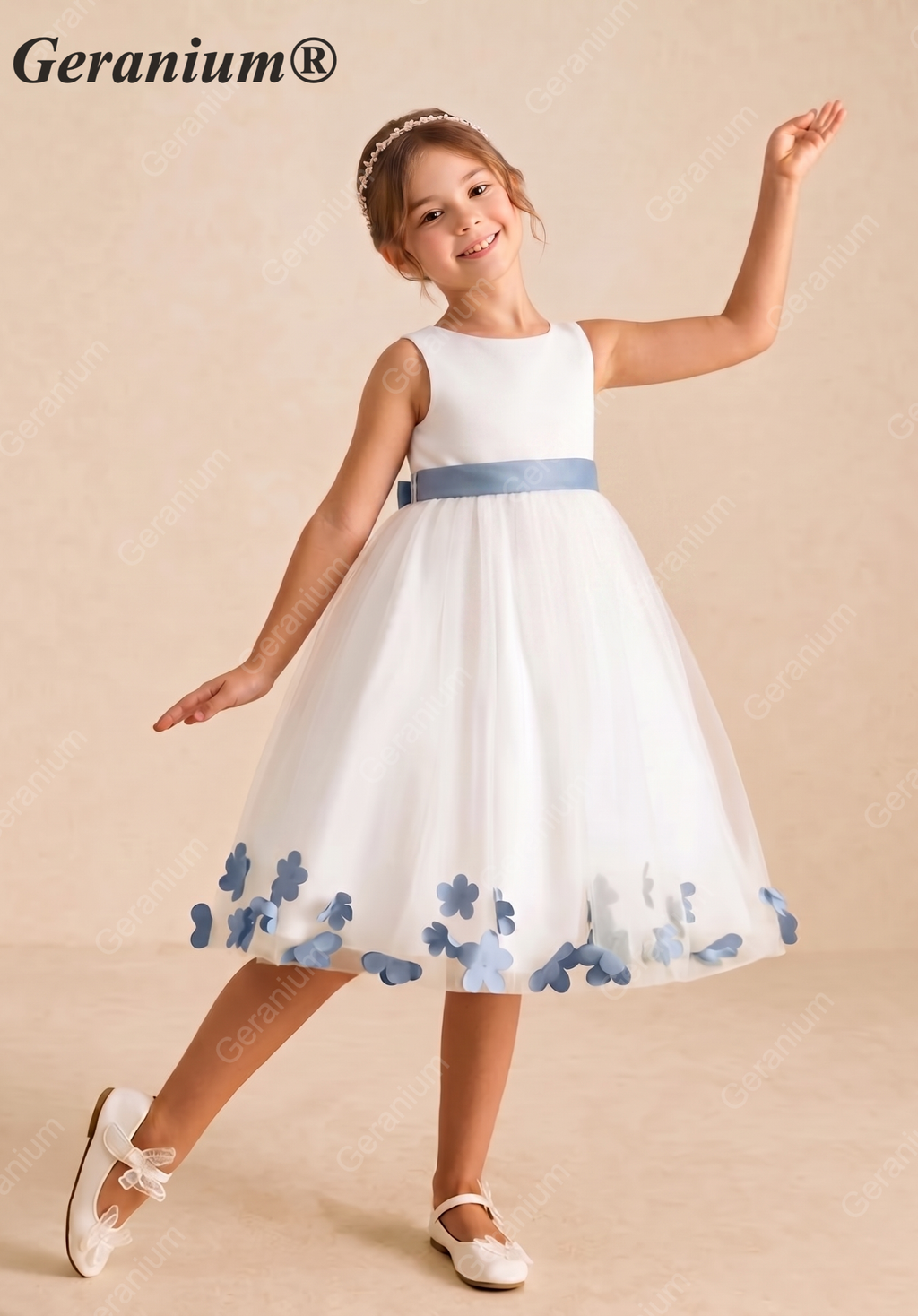 Geranium Elegant White Tulle Flower Girl Dress with Dusty Blue 3D Butterfly Appliqués & Oversized Removable Bow KD-202