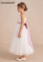 Geranium Elegant V-Neck Tulle Flower Girl Dress with Oversized Satin Back Bow & Pink Sash KD-303