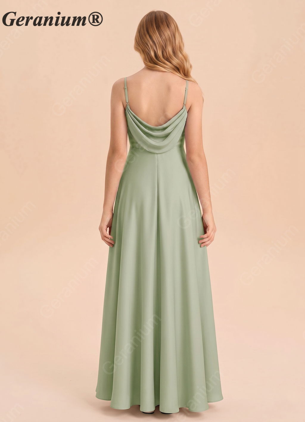 Geranium Sage Green A-Line Satin Bridesmaid Dress with Draped Back & Spaghetti Straps KD-62