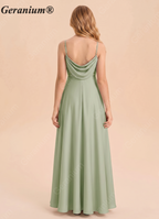 Geranium Sage Green A-Line Satin Bridesmaid Dress with Draped Back & Spaghetti Straps KD-62