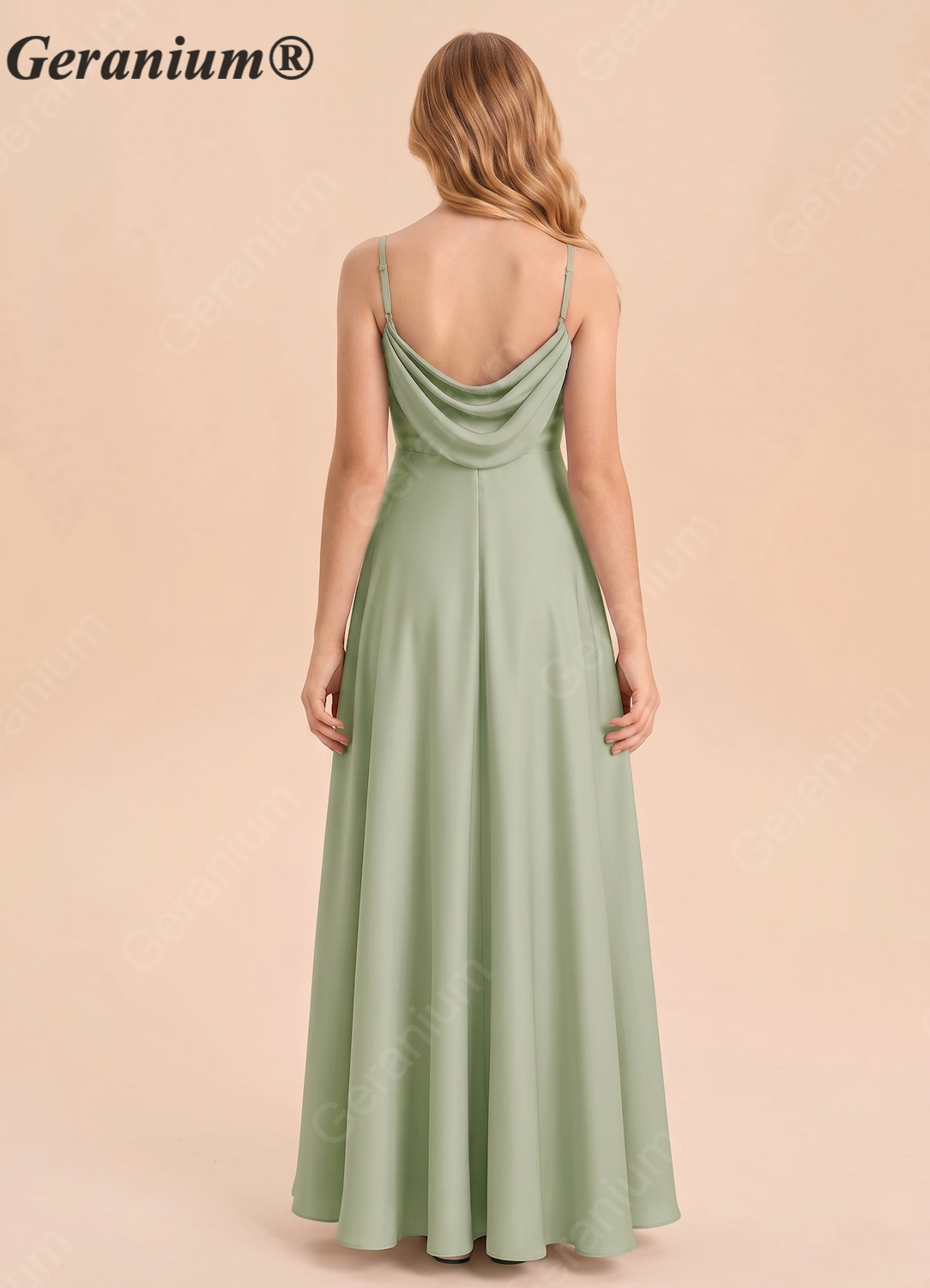 Geranium Sage Green A-Line Satin Bridesmaid Dress with Draped Back & Spaghetti Straps KD-62