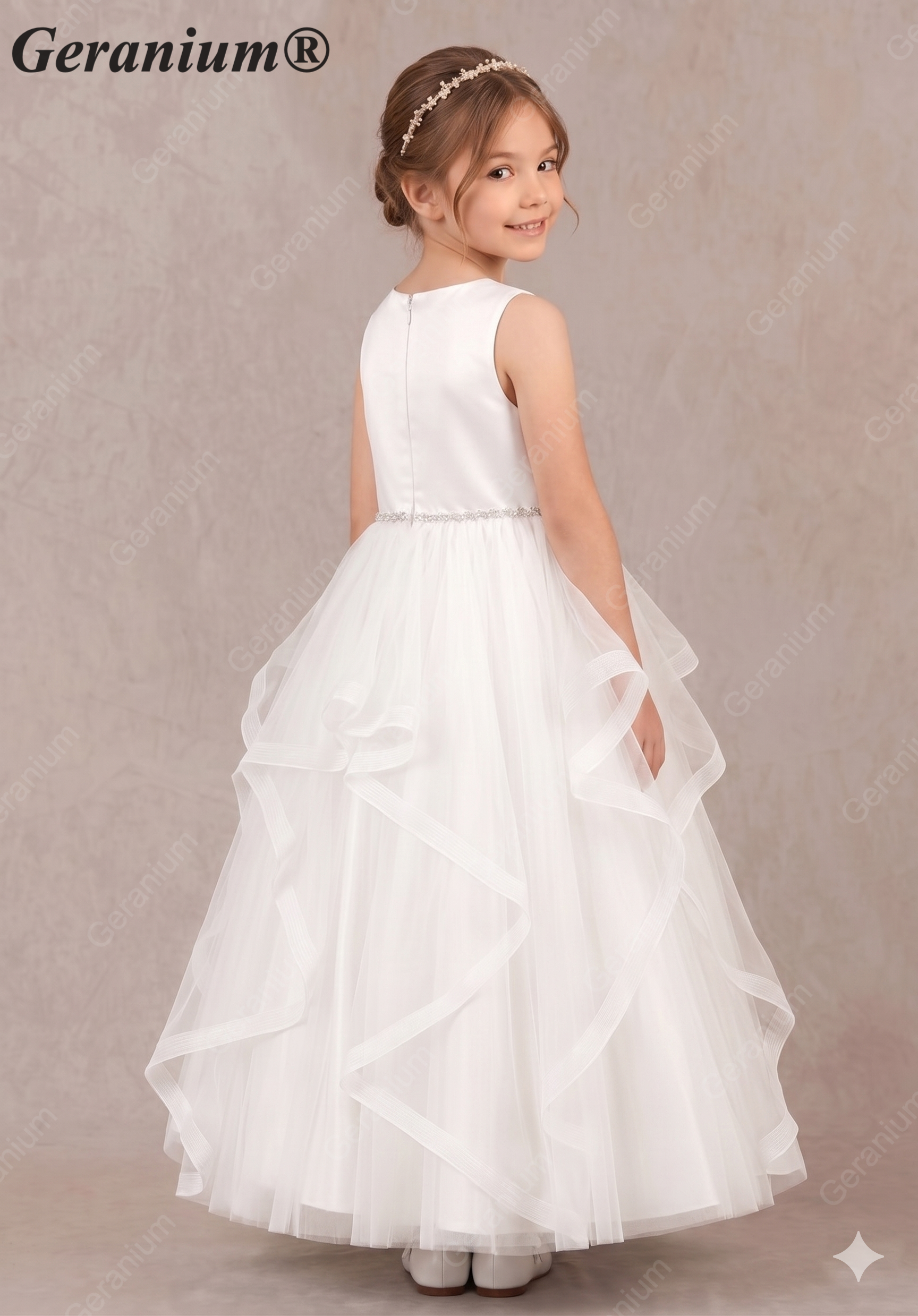 Geranium Sweet Princess Flower Girl Dress - Cascading Tulle Ruffles with Pearl Beaded Waistband KD-262