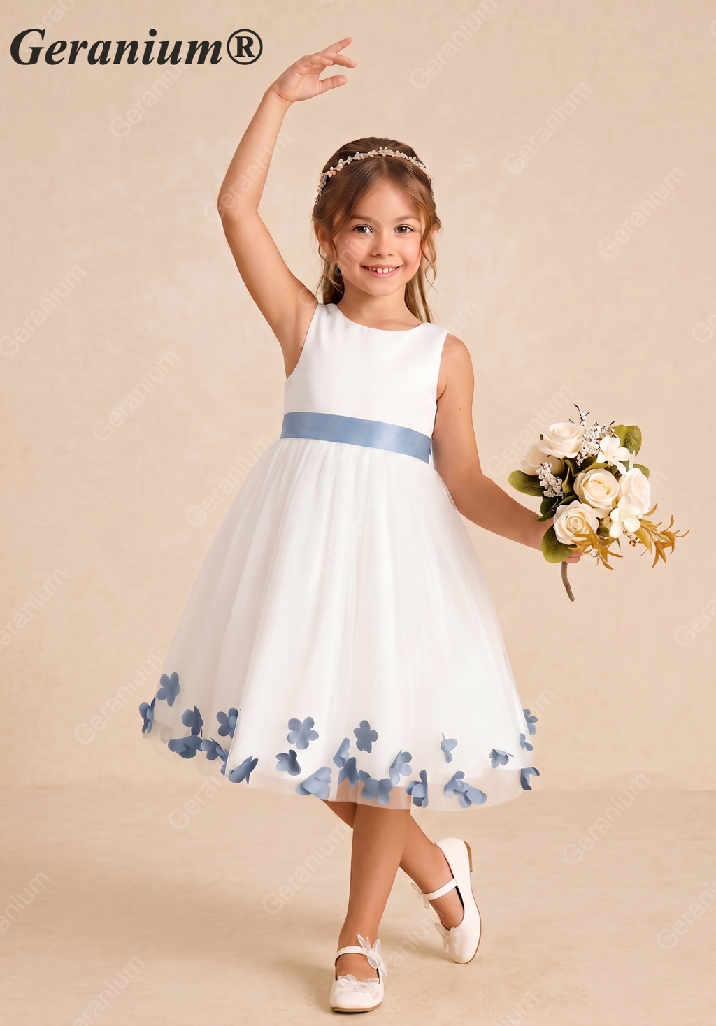 Geranium Elegant White Tulle Flower Girl Dress with Dusty Blue 3D Butterfly Appliqués & Oversized Removable Bow KD-202