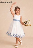 Geranium Elegant White Tulle Flower Girl Dress with Dusty Blue 3D Butterfly Appliqués & Oversized Removable Bow KD-202