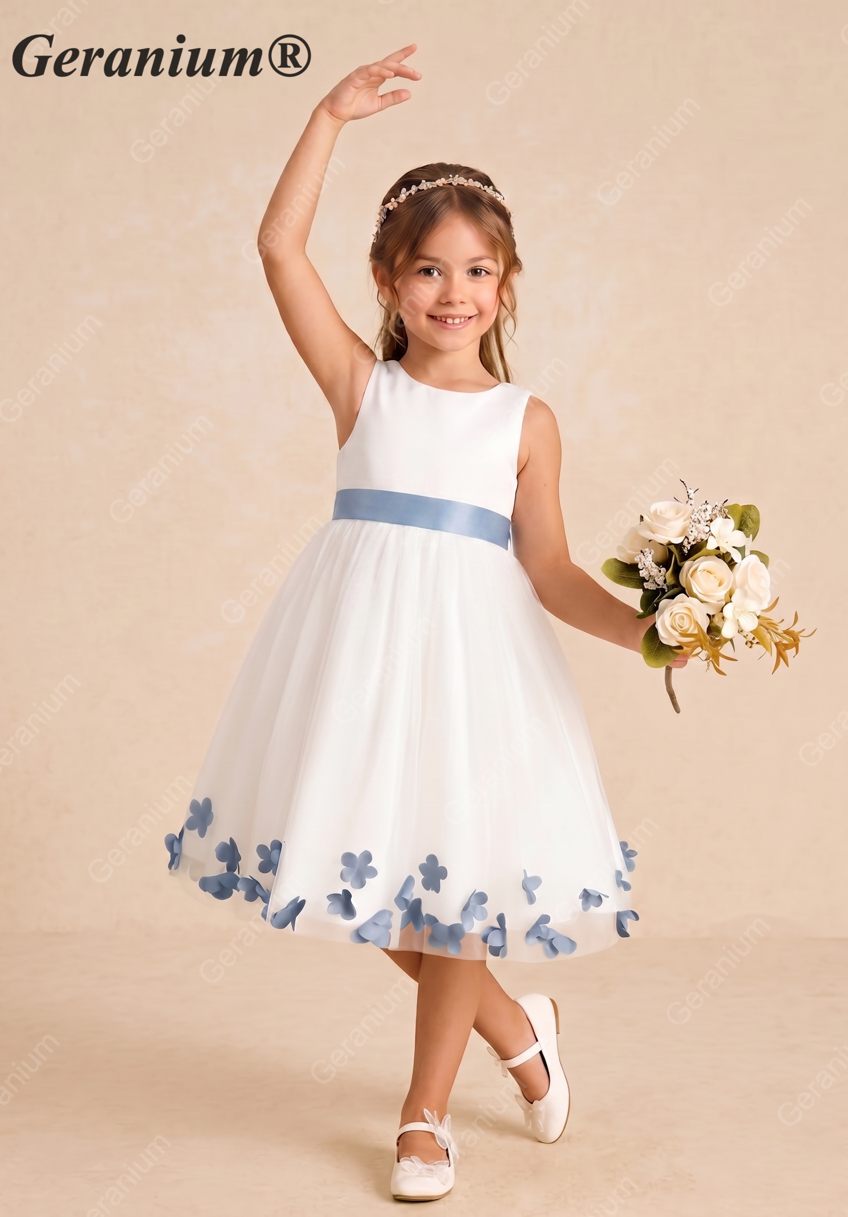 Geranium Elegant White Tulle Flower Girl Dress with Dusty Blue 3D Butterfly Appliqués & Oversized Removable Bow KD-202