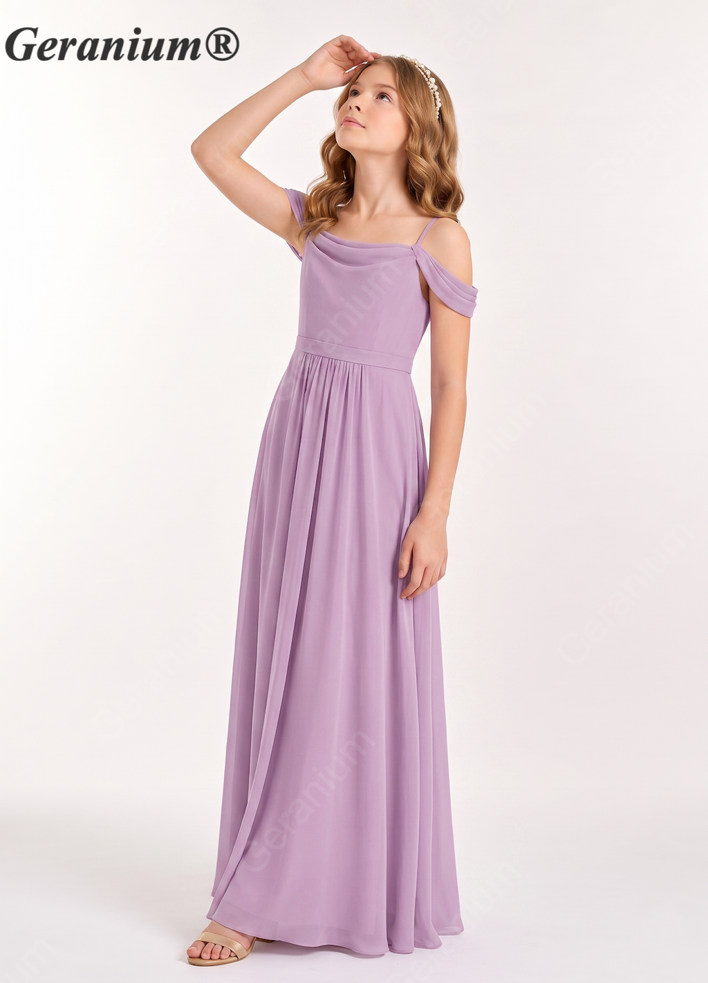 Geranium Elegant Chiffon Cold Shoulder Junior Bridesmaid Dress with Draped Neckline KD-58J