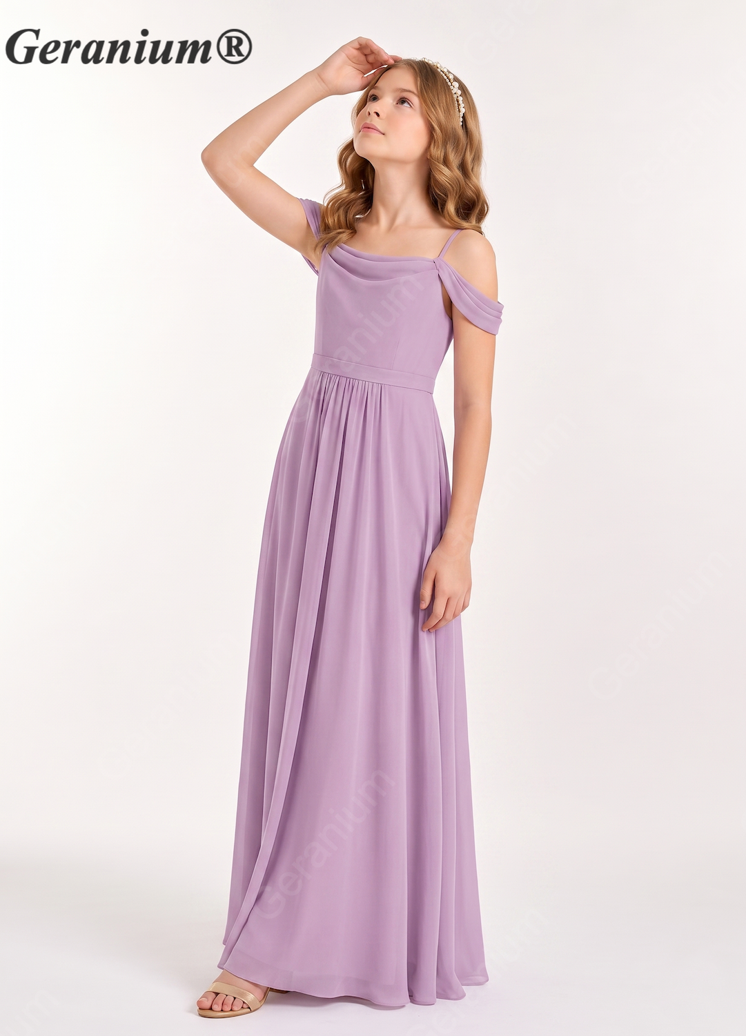 Geranium Elegant Chiffon Cold Shoulder Junior Bridesmaid Dress with Draped Neckline KD-58J