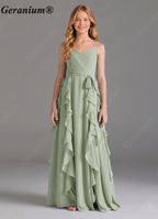 Geranium Sage Green Chiffon Junior Bridesmaid Dress with Ruffle Skirt – Spaghetti Strap V-Neck Teen Formal Dress KD-57