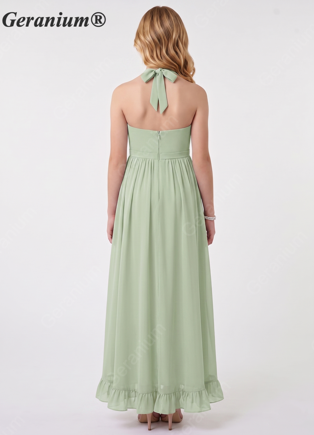 Geranium Lilac Halter High Low Junior Bridesmaid Dress with Floral Waist Chiffon Flowy Formal Dress for Girls KD-59