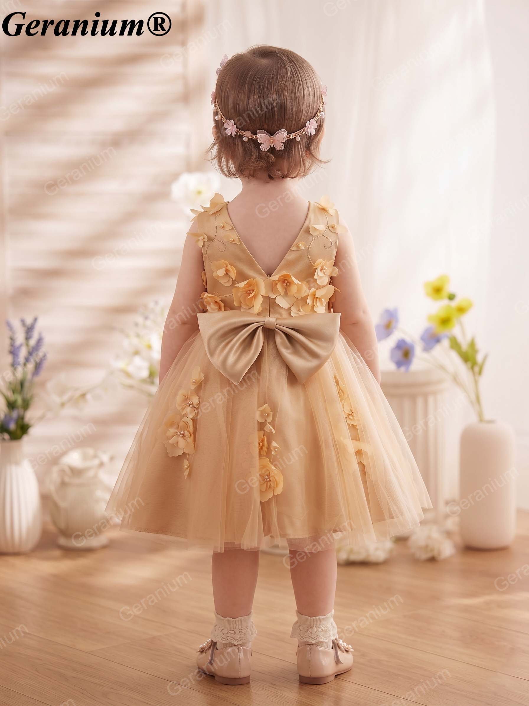 Geranium Toddler Girl Champagne Gold 3D Floral Tulle Dress - Elegant Flower Girl Wedding Party Gown with Back Bow KD-27