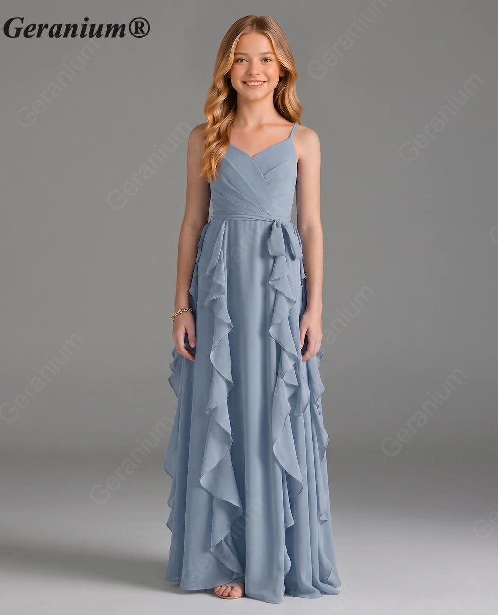 Geranium Sage Green Chiffon Junior Bridesmaid Dress with Ruffle Skirt – Spaghetti Strap V-Neck Teen Formal Dress KD-57