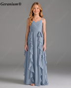 Geranium Sage Green Chiffon Junior Bridesmaid Dress with Ruffle Skirt – Spaghetti Strap V-Neck Teen Formal Dress KD-57