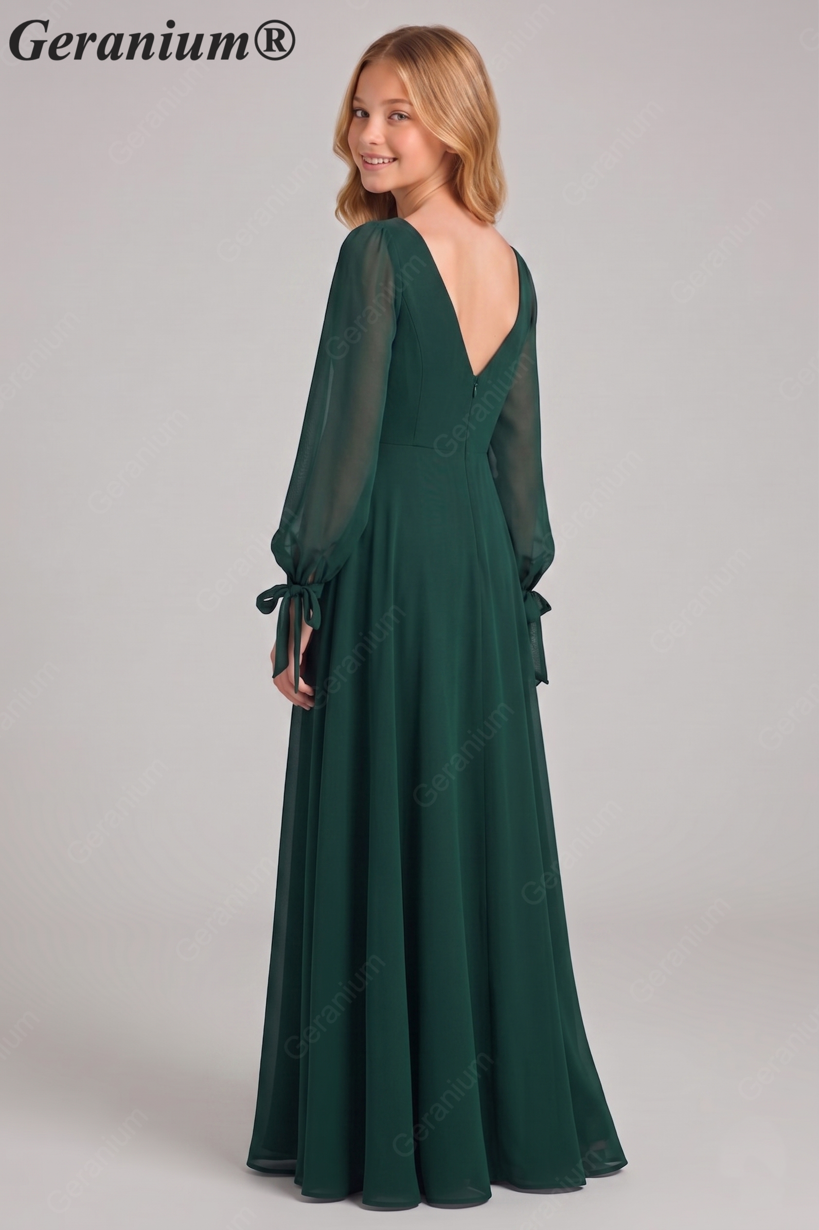 Geranium Elegant V-Neck Long Sleeve Chiffon Junior Bridesmaid Dress with Sheer Sleeves & Bow Cuffs – KD-322 Secondary image