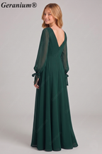 Geranium Elegant Dark Green Chiffon Long Sleeve Junior Bridesmaid Dress with Tie Cuffs KD-322