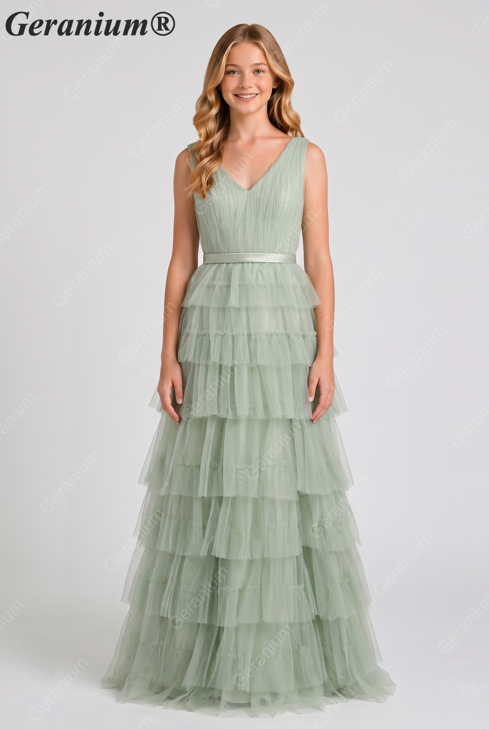 Geranium Elegant Sage Green Tiered Tulle Junior Bridesmaid Dress with V-Neck KD-334 Main image