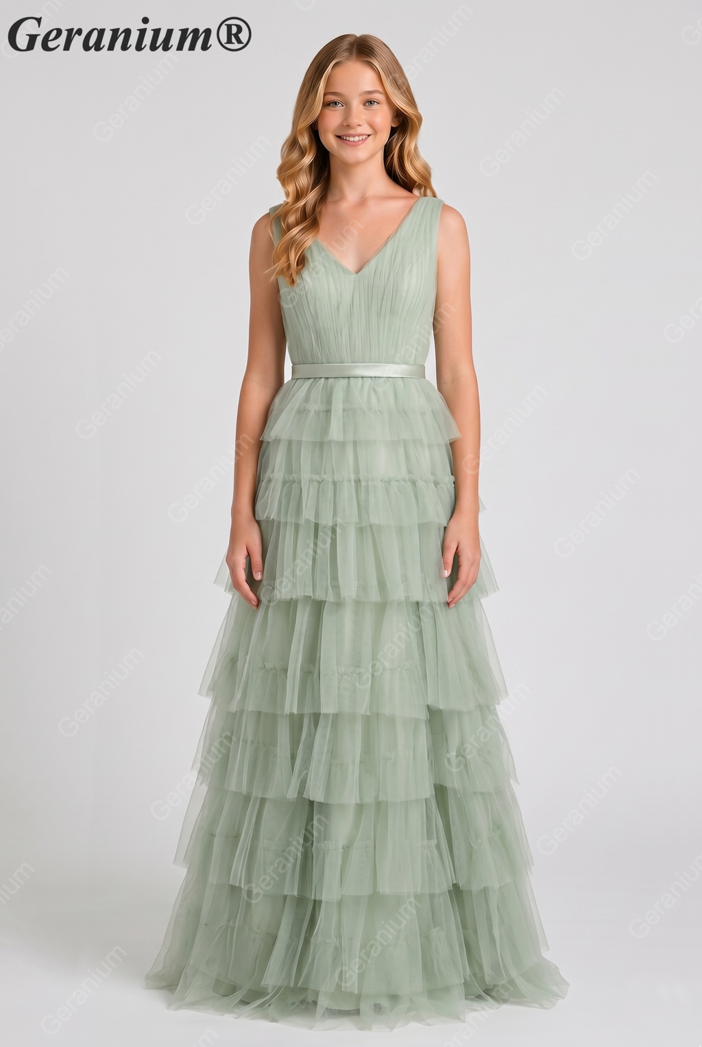 Geranium Elegant Sage Green Tiered Tulle Junior Bridesmaid Dress with V-Neck KD-334