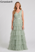 Geranium Elegant Sage Green Tiered Tulle Junior Bridesmaid Dress with V-Neck KD-334