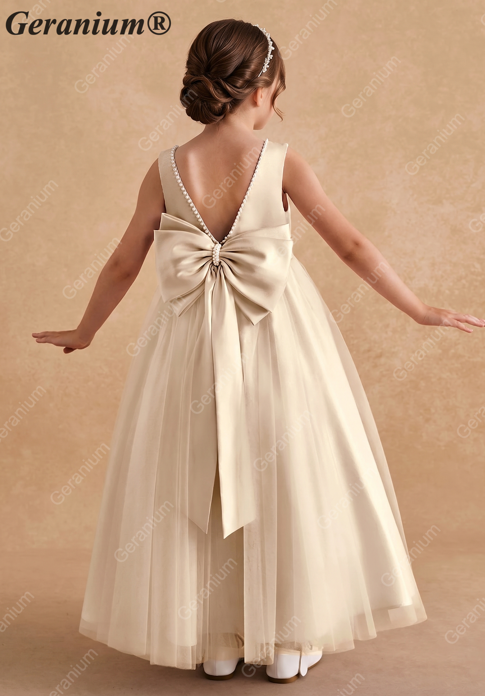 Geranium Elegant Champagne Flower Girl Dress with Pearl Trim and Oversized Back Bow - Satin & Tulle Princess Gown KD-194