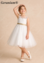 Geranium Elegant Lace Applique Flower Girl Dress - Illusion Back Tulle Tutu Party Gown with Champagne Sash KD-216