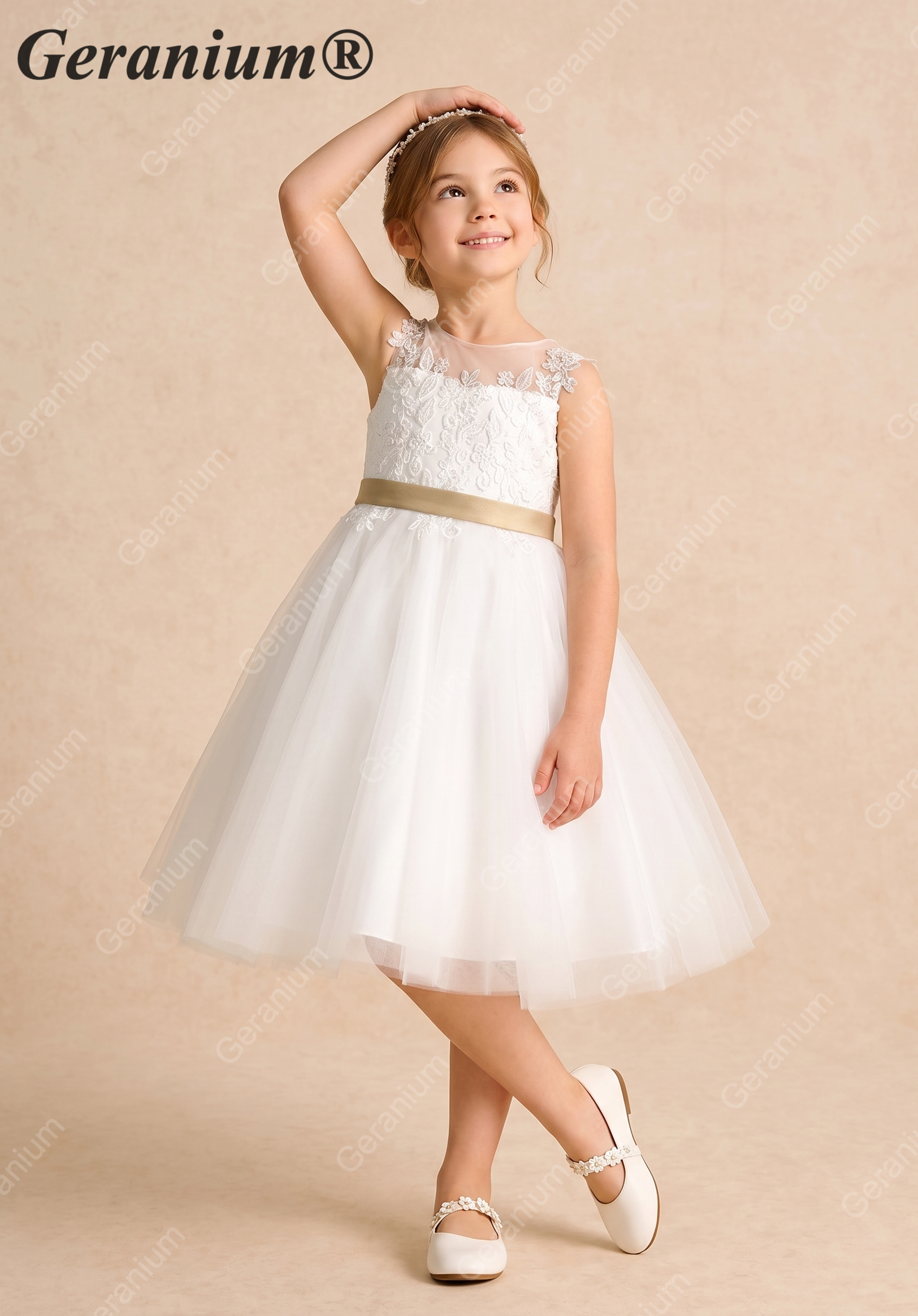 Geranium Elegant Lace Applique Flower Girl Dress - Illusion Back Tulle Tutu Party Gown with Champagne Sash KD-216