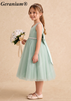 Geranium Elegant Sage Green Flower Girl Dress with Oversized Back Bow and Pearl Waistband KD-232